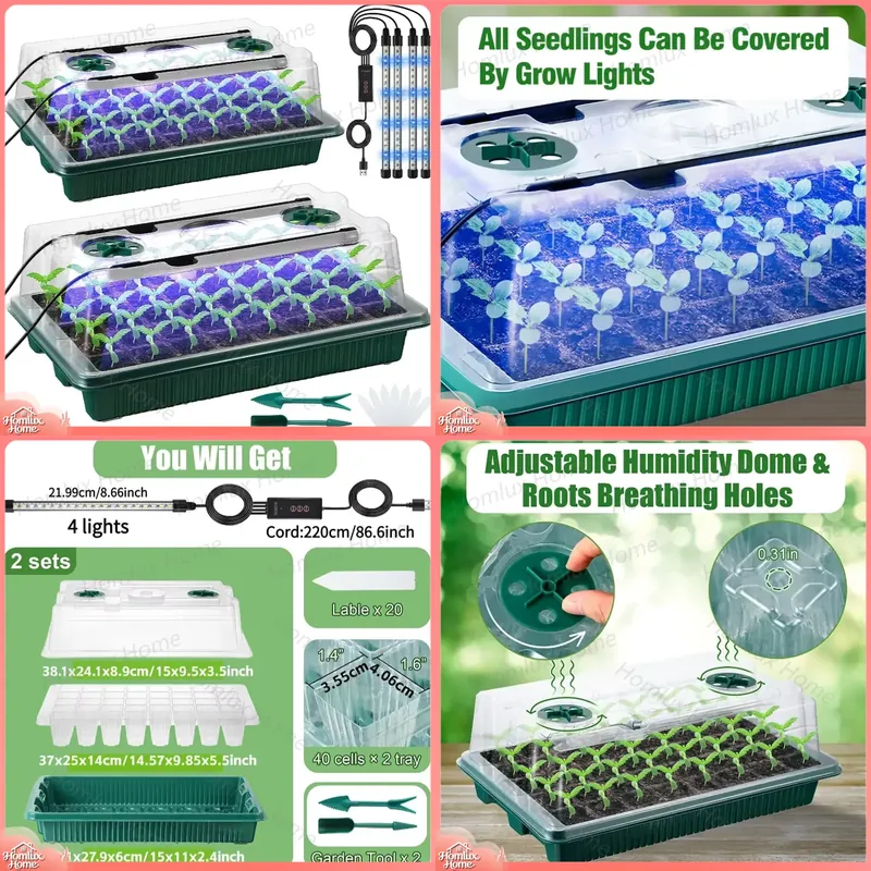 Seed Starter Tray Kit With Grow Light - 2 Packs Seed Starter Trays with